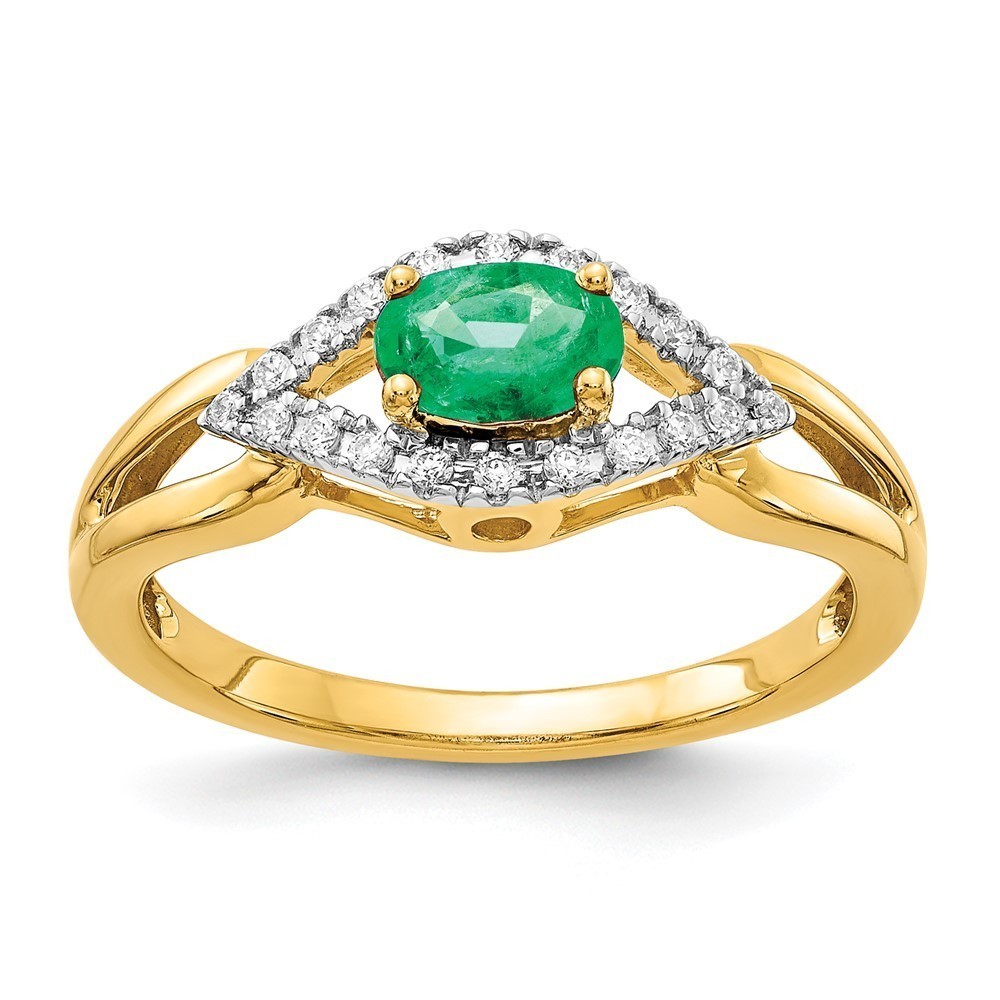 Million Charms 14k Yellow Gold Diamond and Green Emerald Ring, Size 7